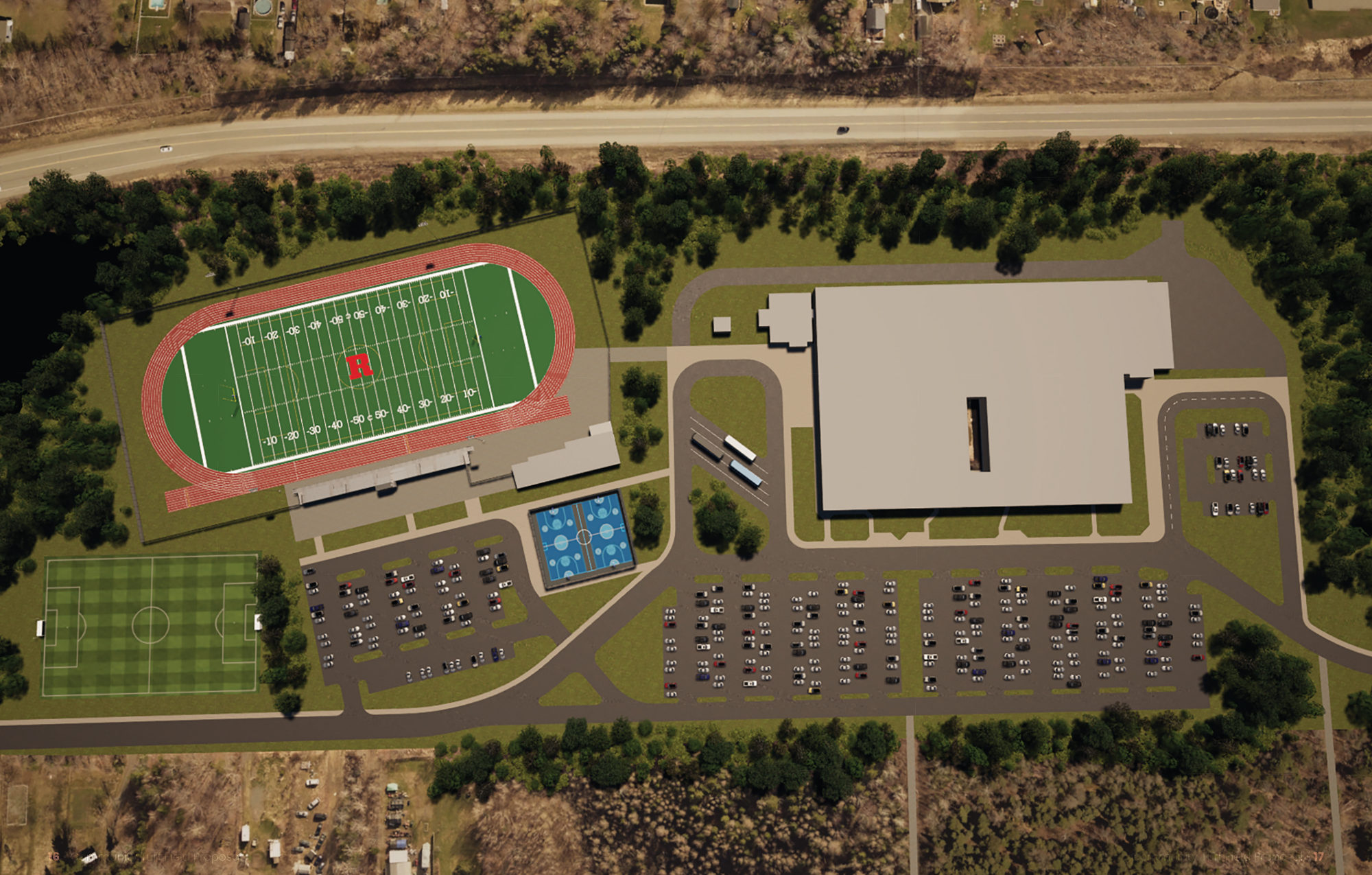 Master-plan rendering of the Riverview turf field, running track, multi-sport courts, fieldhouse and parking